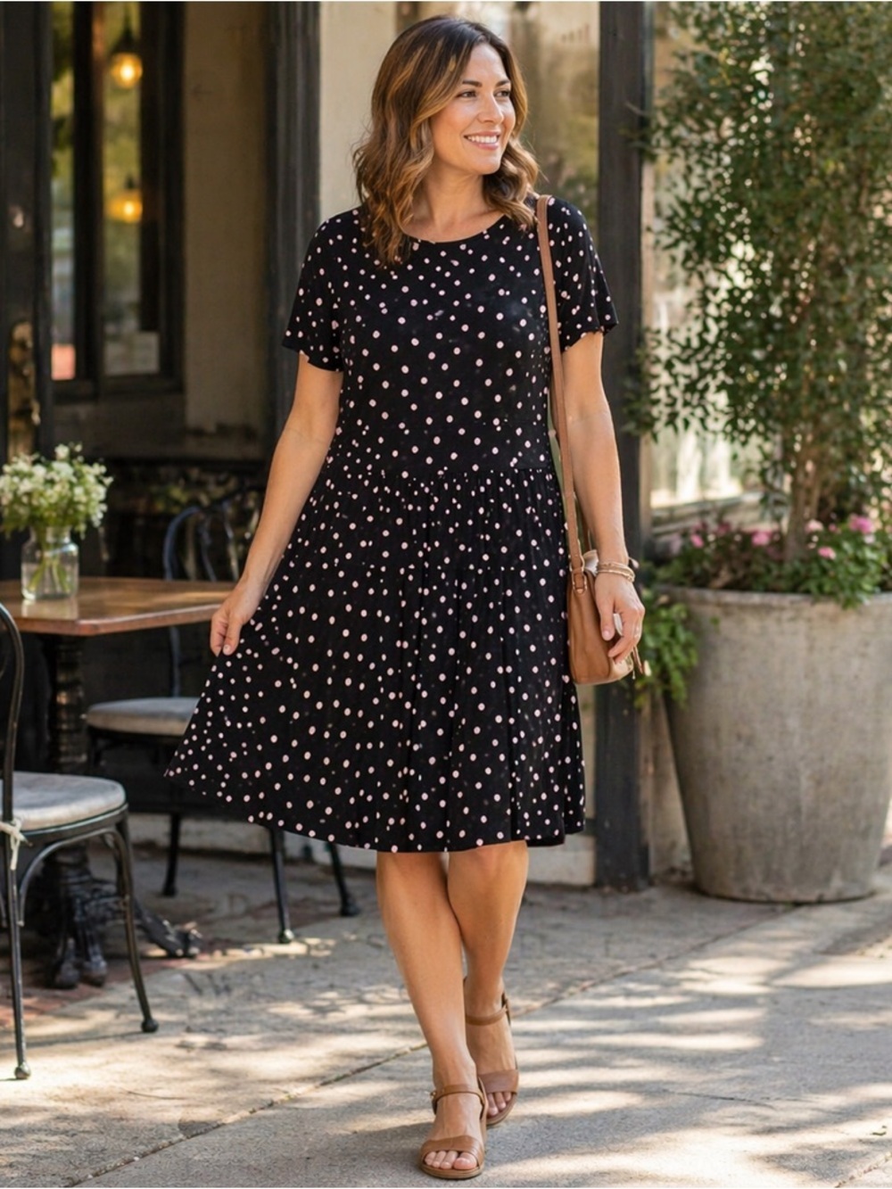 By Design Black Pink Polka Dot Dress Short Sleeve Fit Flare L NWT